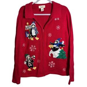 Vintage Bechamel Skating Penguin Red Full Zip Christmas Cardigan‎ Sweater Size L